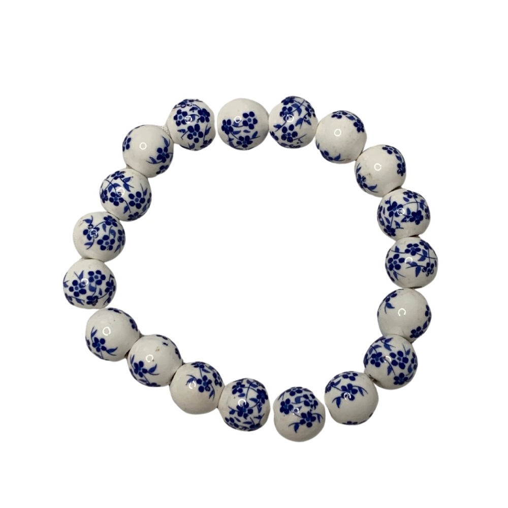 Vintage Blue & White Floral Ceramic Bead Bracelet